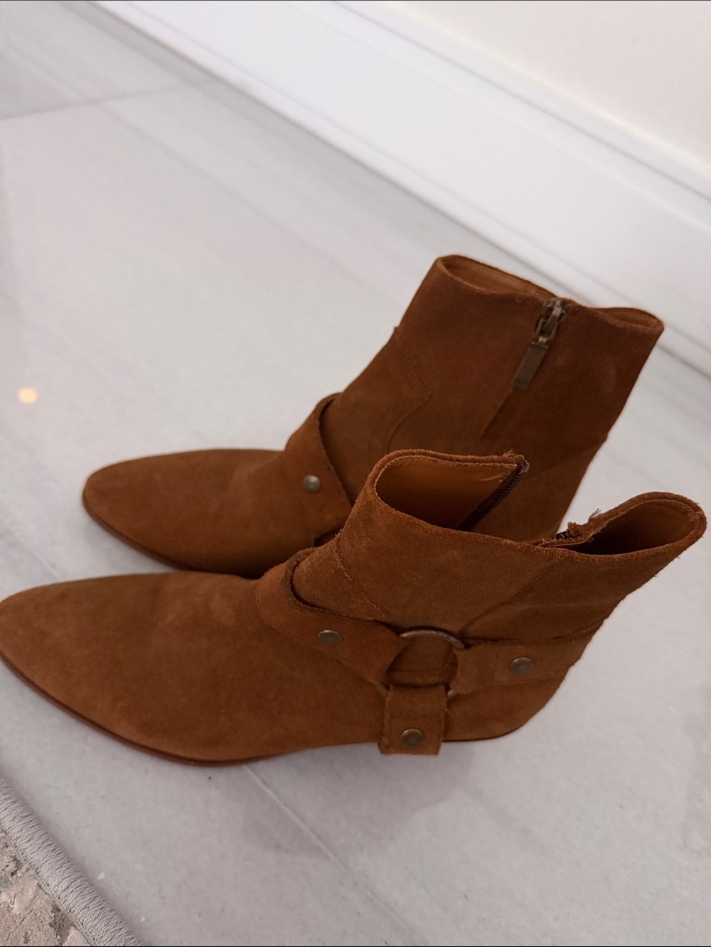 Saint Laurent Suede Ankle Booties in Cognac